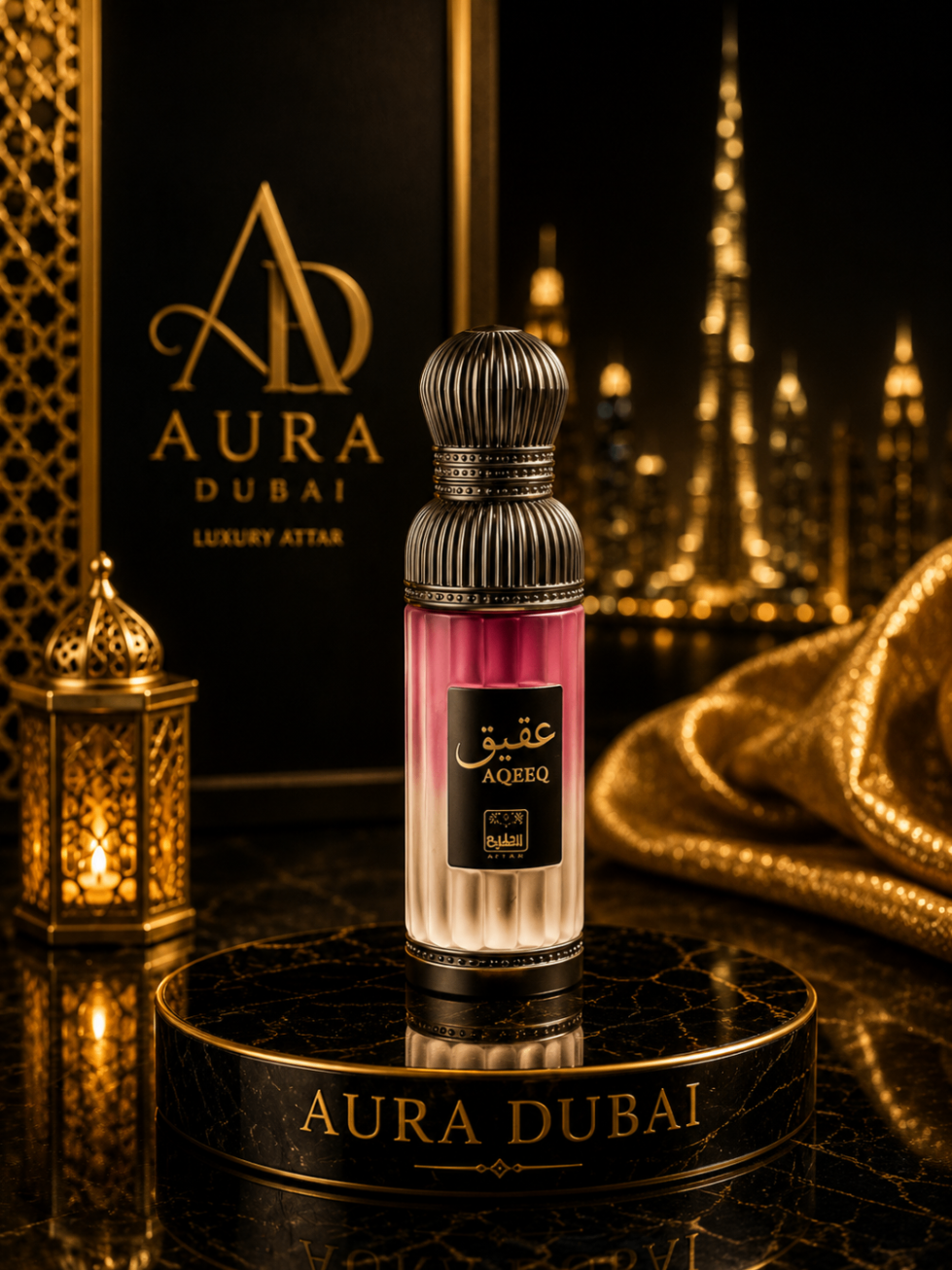 Dubai skyline with luxury fragrance bottle